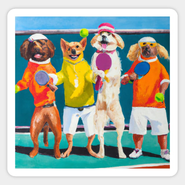 Dogs playing pickleball oil painting Sticker by DadOfMo Designs